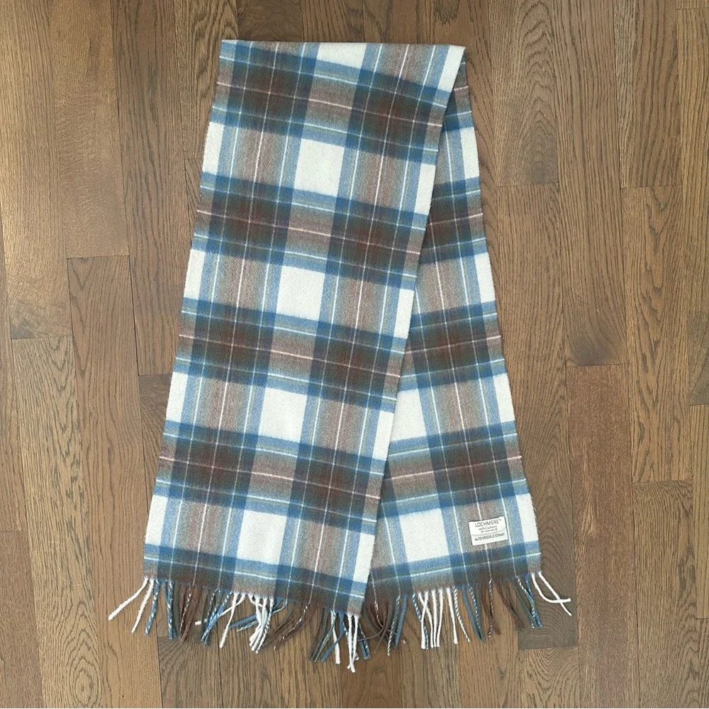 Lochmere Plaid Tartan Cashmere Oblong Fringe Scarf Muted Blue Dress Stewart 55